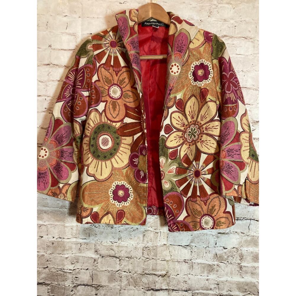 Vintage Painted Pony Jacket Womens Small Retro Florals All Over Embroidery Open